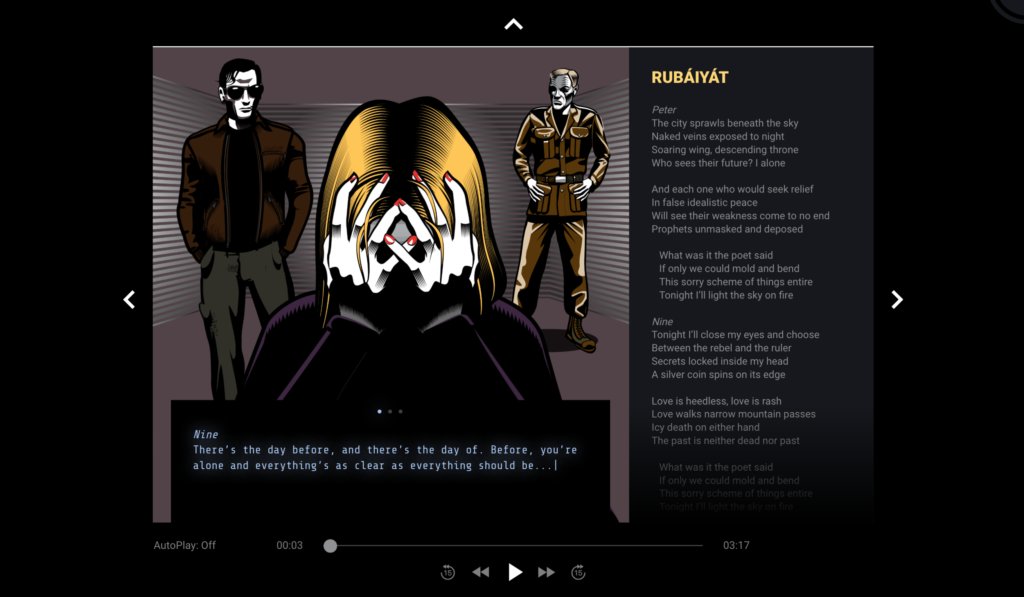 Song scene screenshot of three characters Seven, Nine, and Peter. Shows hidden popup text and scrolling lyrics.